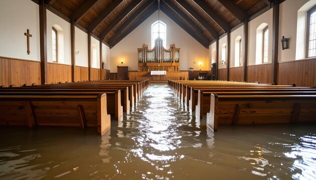 Flooded Village Church Interior with Pews and Water Reflection