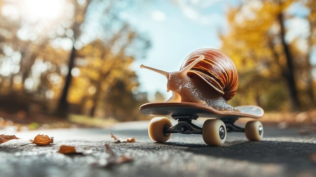An amusing shot of a snail riding a skateboard on a sunlit path, symbolizing a playful contrast between speed and slow motion in a light-hearted, whimsical atmosphere.