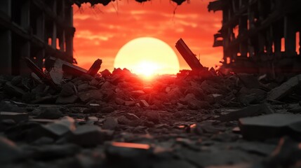 This powerful image showcases an apocalyptic sunset shining through a crumbling city, evoking feelings of despair and beauty in the aftermath of destruction and chaos.