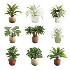 Obraz premium A collection of various indoor potted plants arranged in a grid, showcasing vibrant foliage and diverse shapes, set against a simple background ideal for home decor inspiration