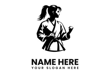 Black and white logo of a female karateka in fighting stance.