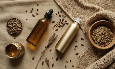 Elegant display of essential oils and cardamom seeds on linen fabric