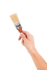 Hand holding a small paintbrush isolated on white background