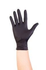 Hand wearing a black disposable glove, isolated on white background, showing hygiene and protection.