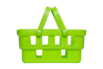 Green plastic shopping basket with handles on white background