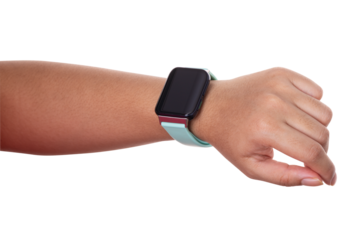 Smartwatch on wrist with blank screen and blue band isolated on white background