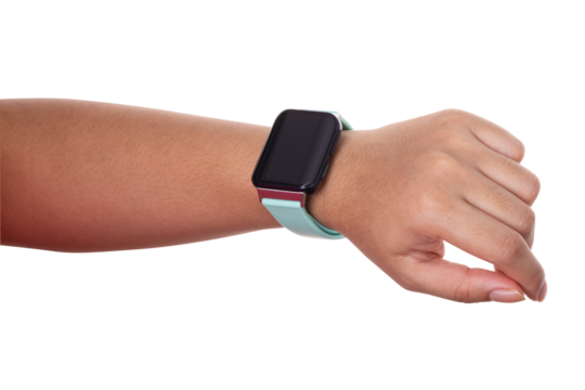 Smartwatch on wrist with blank screen and blue band isolated on white background