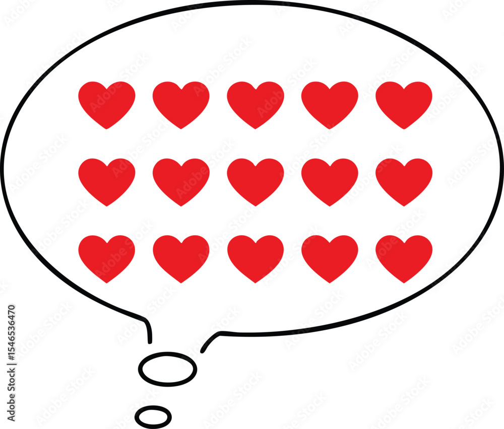 Poster thought bubble filled with multiple red heart symbols representing love and affection in simple line