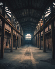 Abandoned warehouse with large arched ceiling and broken windows, sunlight streaming through glass panes, casting shadows on the floor. The scene captures industrial decay and architectural nostalgia.