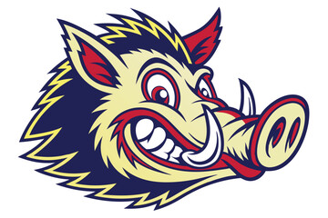 Animated wild boar head with navy blue fur displays its menacing grin