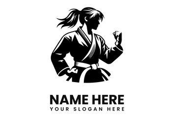 Silhouette of a female martial artist in a karate gi, ready for action, with text below.