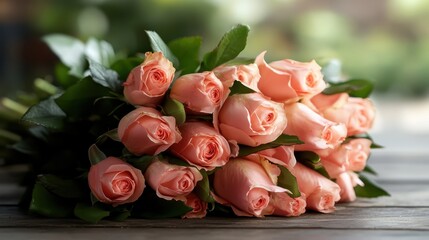 A beautiful arrangement of pink roses showcases nature's elegance, symbolizing love and affection, presented artfully on a rustic wooden table in a soft-focus background.