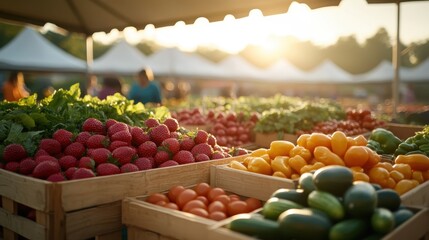 An array of colorful fruits and vegetables displayed in wooden crates at a lively market, radiating freshness and inviting customers to enjoy healthy eating.