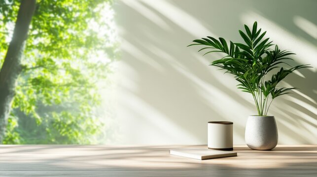 A vibrant green plant in a modern pot sits on a wooden desk, illuminated by natural light, creating a refreshing and tranquil atmosphere in the room.
