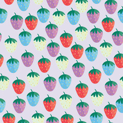 Seamless pattern with colorful strawberries in red, blue, pink, and white on a soft lilac background. Perfect for kids' designs, fabrics, wrapping paper, and cheerful summer prints