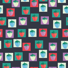 Playful seamless pattern with colorful strawberries inside bright geometric squares on a dark background. Ideal for children’s products, textiles, gift wrap, and fun summer prints