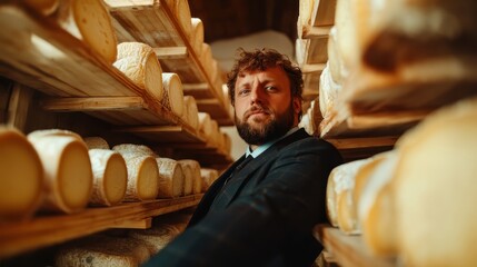 A man dressed in a suit stands confidently among shelves filled with various artisan cheeses, conveying sophistication and a passion for gourmet culinary experiences.