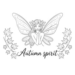 Obraz premium Line art fall fairy with wings in black and white vector