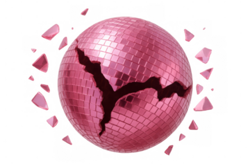 Pink disco ball breaking apart with shards flying, isolated on transparent background, ideal for party, music, or nightlife themes