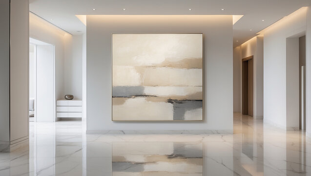Bright modern hallway with large abstract painting in neutral tones. Glossy marble floors, recessed lighting and minimalist decor create an atmosphere of luxury, calm and architectural harmony.