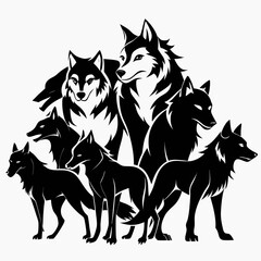 Stylized black and white wolf pack illustration