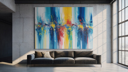 Modern loft interior with large abstract painting in vivid colors on concrete wall. Black leather sofa adds contrast while sunlight from panoramic windows fills the space with warmth and texture.