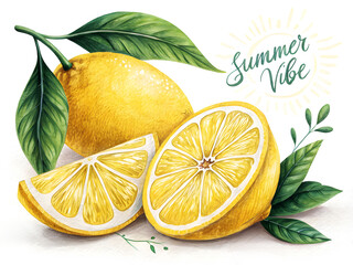 "Summer Vibe Lemon Art – Fresh Citrus Illustration with Green Leaves"