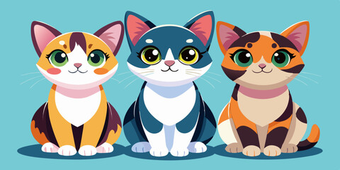 Three adorable cartoon cats sitting together