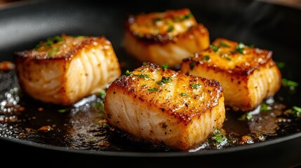 Four golden-crusted salmon fillets sizzle in a frying pan, showcasing the culinary perfection of fresh seafood, a testament to gourmet cooking and delightful dining experiences.
