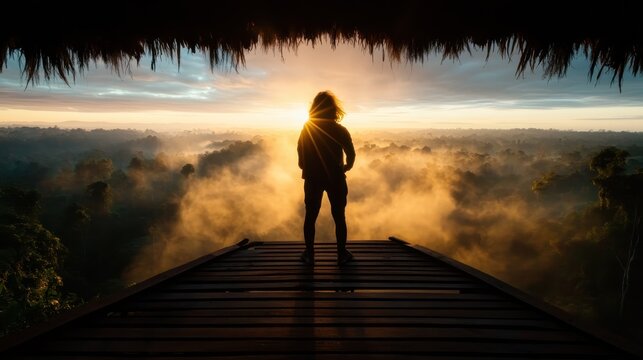 A silhouette of a figure standing on a platform, gazing at a breathtaking sunrise over a misty forest, encapsulating a moment of reflection and connection with nature's beauty.