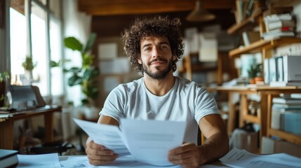 A cheerful man sitting in a well-lit room surrounded by papers, symbolizing productivity, warmth, and the joy of work in a creative and organized environment.