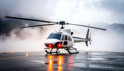 Helicopter on Heliport Surrounded by Fog with Flickering Lights