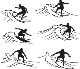 A compilation of six distinct surfer silhouettes riding various ocean waves