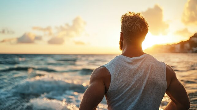 A silhouette of a man stands by the ocean, gazing at a breathtaking sunset, reflecting peace and tranquility while evoking introspection and a sense of connection with nature.