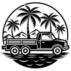 Truck with palm trees isolated on white background