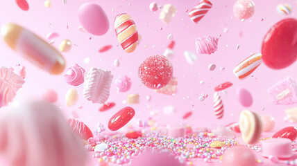 Colorful candies and sweets explode against pink background, creating joyful scene