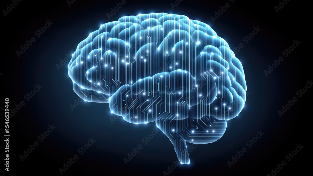 Poster glowing brain made of digital code represents artificial intelligence and technology