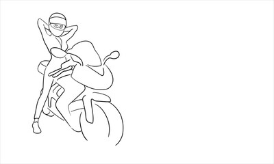Obraz premium Girl on a motorcycle with a helmet, continuous line art drawing isolated on white background. Biker chick outline. Vector illustration 