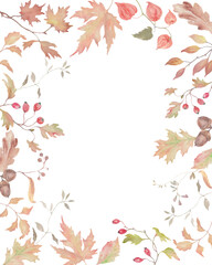 Autumn watercolor floral frame featuring oak leaves, maple leaves, and berries. Hand-drawn illustration. Vector EPS.