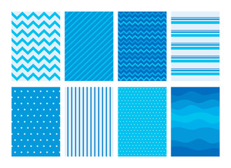 Blue card background templates. Minimal rectangular designs nautical marine frames. Simple patterns like polka dot, chevron, stripes and waves. Bright backdrops for paper bag, notebook cover, banner.