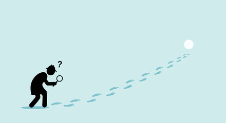 Silhouette of a Detective with Magnifying Glass Following Footprints