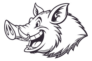 Animated hog head laughs openly, showing tongue, with white tusks and bristly fur