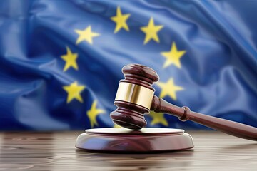 High Resolution Visual of Gavel in Front of Eu Flag Symbolizing European Legal System