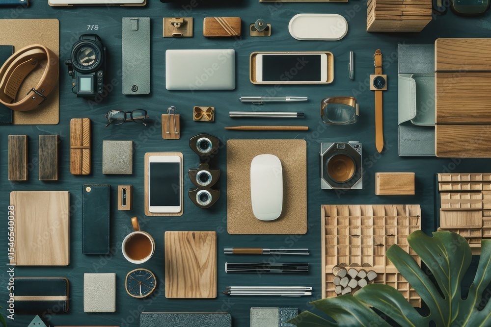 Poster high resolution image of flat lay arrangement of desk elements