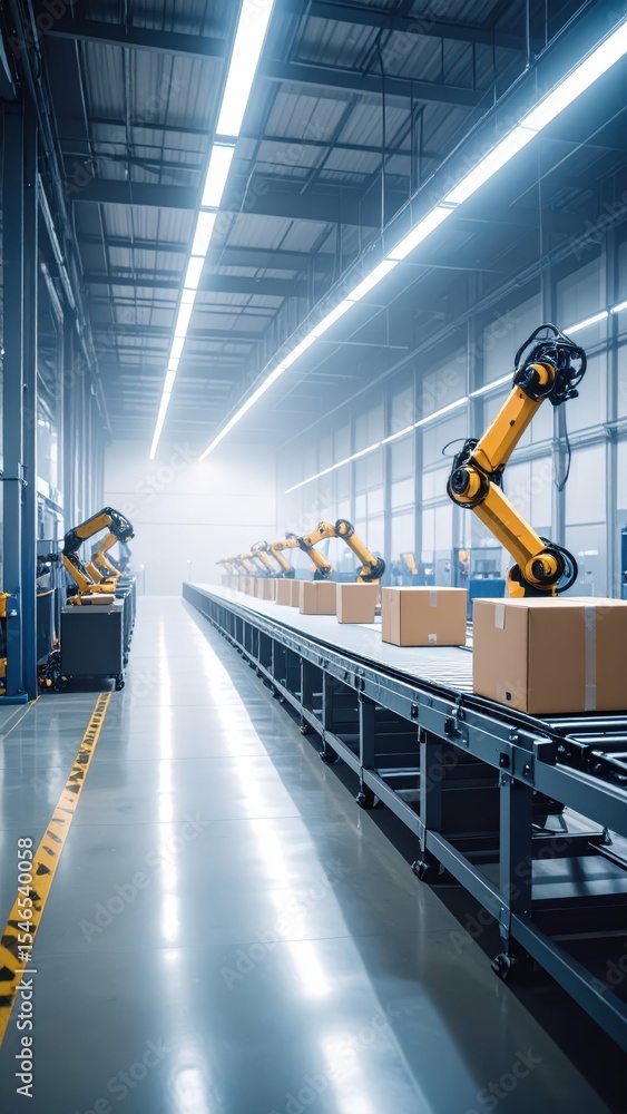 Poster foggy warehouse with conveyor belts and robots operating in shadows