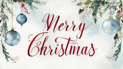 Watercolor Merry Christmas banner featuring ornaments and greenery on a white background - Powered by Adobe