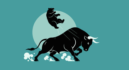 Black Bull Charging with Falling Bear Silhouette Illustration