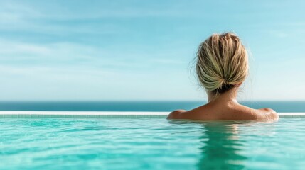 A serene image of a woman relaxing in an infinity pool, gazing out over a stunning ocean view, capturing a moment of peace, luxury, and the beauty of nature.