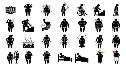 Black Pictogram Set Illustrating Obesity-Related Health Problems and Conditions