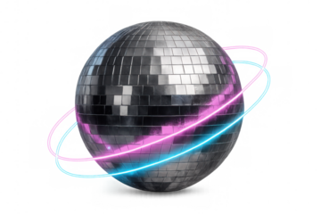 Silver disco ball spinning with pink and blue neon lights around it, perfect for party and celebration visuals on transparent background